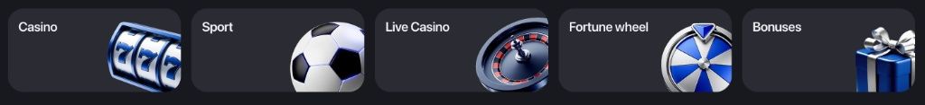 Winum Casino game categories: slots, sports, live casino, fortune wheel, bonuses
