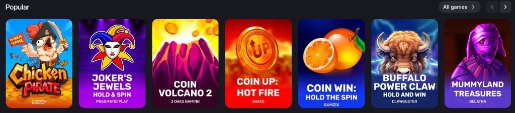 Winum Casino popular games: Chicken Pirate, Joker Jewels, Coin Volcano, Buffalo Power Claw